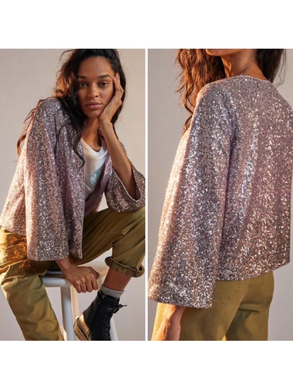 ANTHROPOLOGIE Zaya Pink Sequined Kimono Jacket Size Medium M